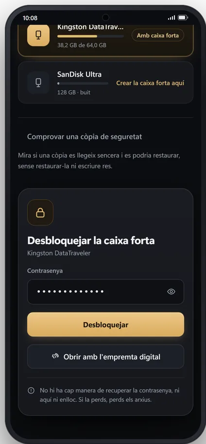 Desbloquejar la caixa forta al mòbil, amb contrasenya o amb empremta, i l’avís que no hi ha recuperació de contrasenya.