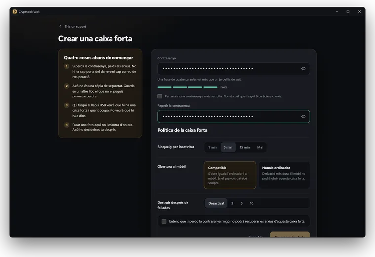 Crear la caixa forta a Windows: abans de començar, l’aplicació avisa que sense contrasenya no hi ha recuperació i que no és una còpia de seguretat.