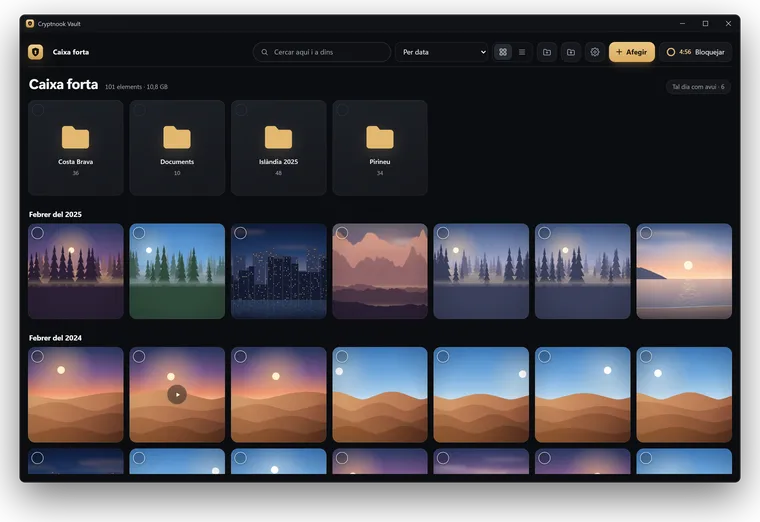 La galeria a Windows: carpetes a dalt i les fotos i vídeos de la caixa forta en una graella per mesos.