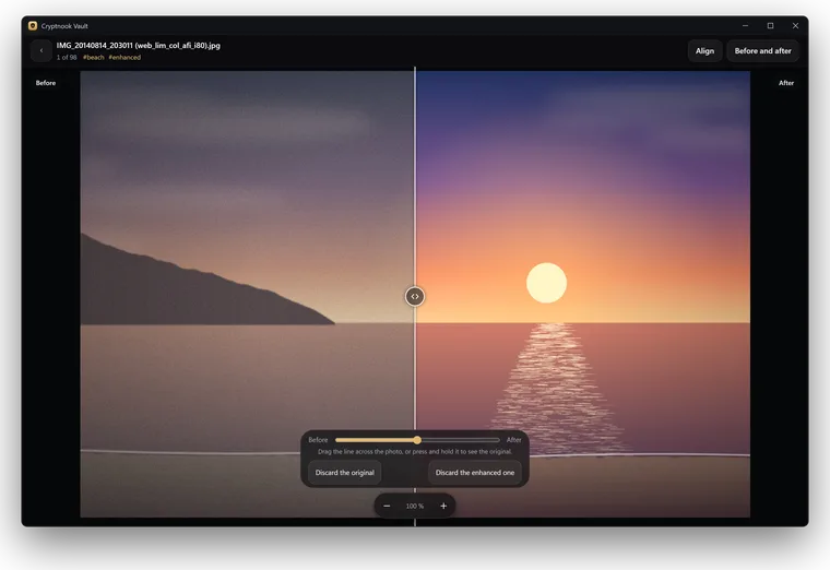 Before and after on Windows: an old sunset photo on the left and its enhanced copy on the right, with the comparison line.