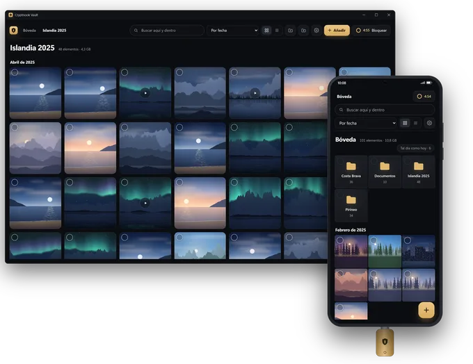 Cryptnook Vault abierto en un PC con Windows y en un móvil Android con un pendrive conectado: la misma bóveda de fotos en los dos.
