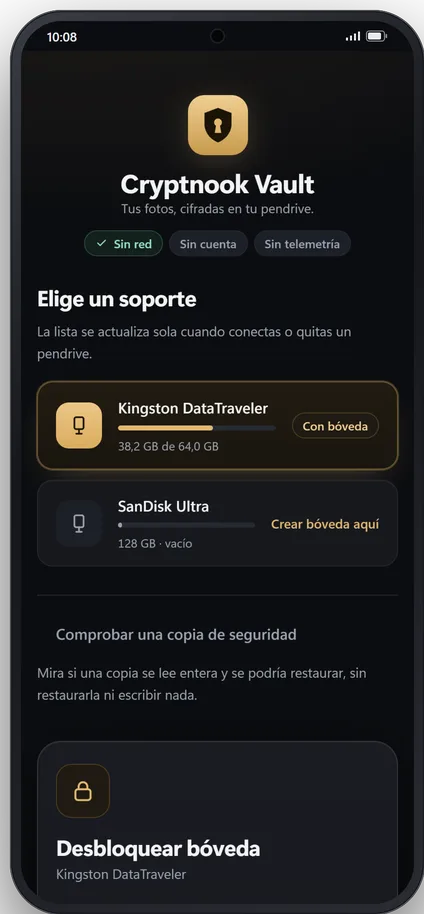 Pantalla de inicio en el móvil: la lista de pendrives conectados, uno con bóveda y otro vacío donde crearla.