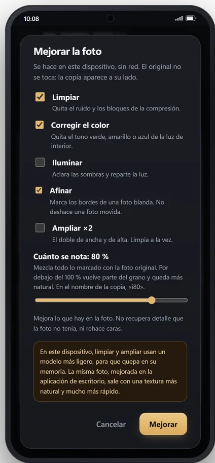 Mejorar una foto en el móvil: limpiar, corregir el color, iluminar, afinar o ampliar, cuánto se nota, y el aviso de que aquí se usa un modelo más ligero que en el PC.