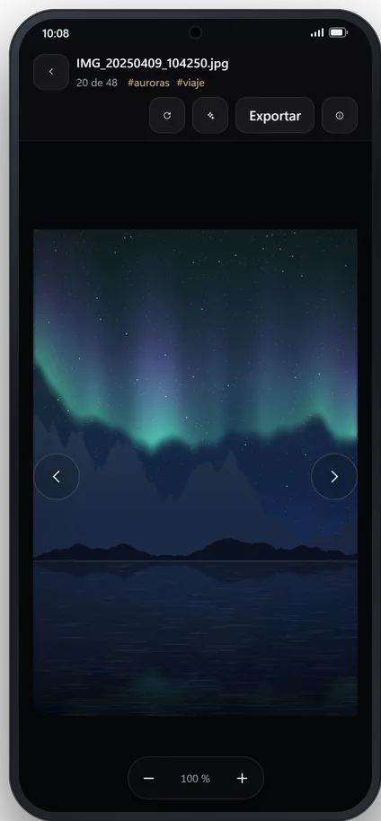 Una foto de una aurora abierta a pantalla completa en el móvil, con sus etiquetas y el botón de exportar.