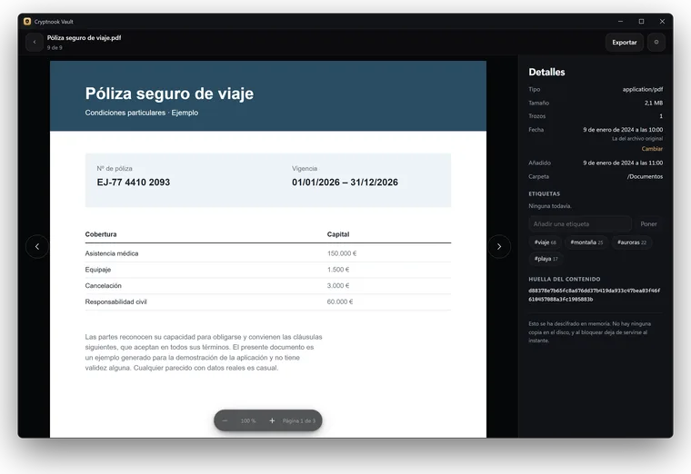 Un PDF de ejemplo, una póliza de seguro de viaje, abierto dentro de la bóveda en Windows sin descifrarlo al disco.